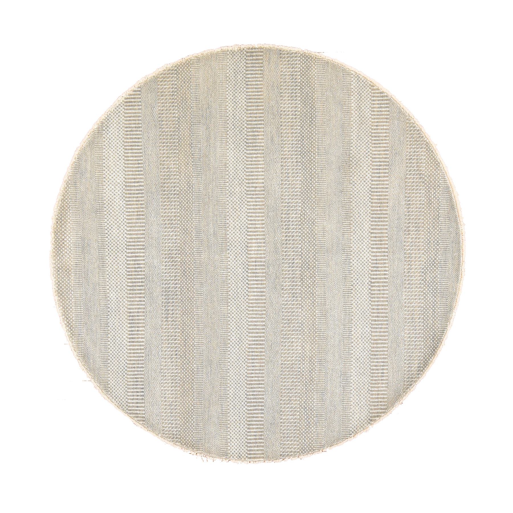 6'x6' Pastel Gray, Modern Grass Design, Tone on Tone, Wool and Silk, Hand Knotted, Round, Oriental Rug 